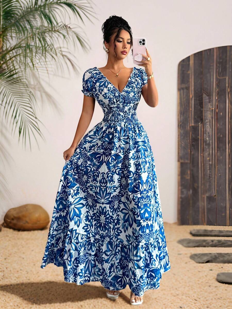Robe longue élégante et charmante pour femme, nouvelle robe légère en tissu floral avec manches bouffantes, dos ouvert et taille froncée, idéale pour les rendez-vous et les vacances