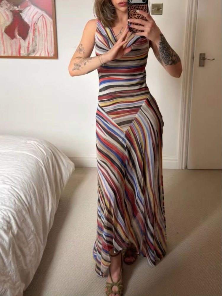 Robe longue sexy à taille froncée pour femme, avec rayures diagonales spectaculaires, col drapé, robes de soirée avant-gardistes pour galas