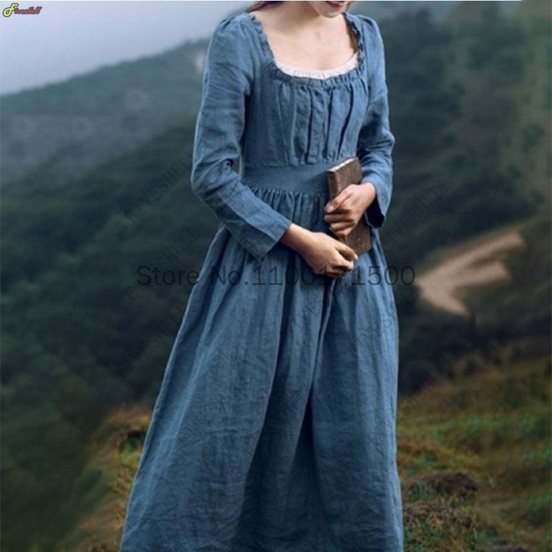 Robe rétro victorienne médiévale pour femme, col carré, manches longues, taille haute, français, déclin, marron, bleu, tempérament, robe longue