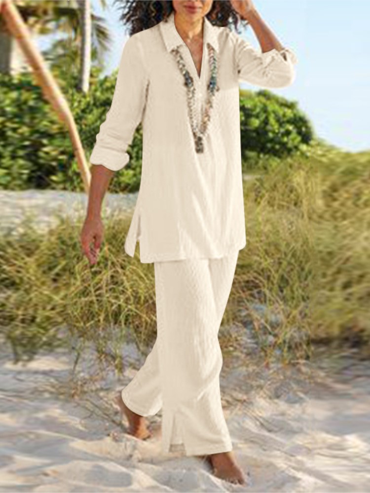 Décontracté coton Blouse deux pièces ensemble femmes été à manches longues hauts pantalons ensembles mode solide pantalon droit costumes femmes tenues