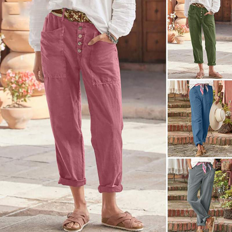 Nouveau pantalon capri décontracté pour femme 2025 – Coton et lin boutonnés, coupe ample