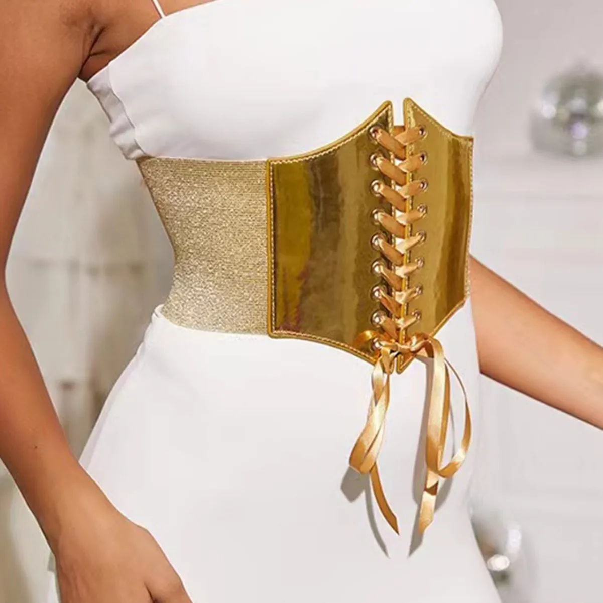 Mode or argent à lacets ceinture élastique femme ceinture robe jupe manteau décoratif