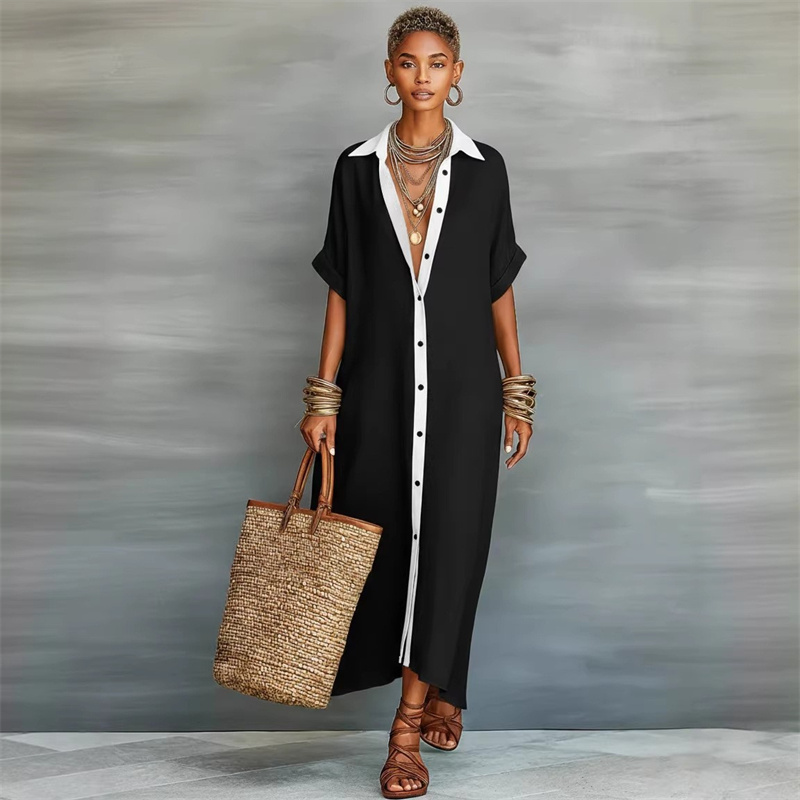 Robes décontractées confortables en coton et lin pour femmes, robe chemise maxi ample contrastante d'été, col rabattu, manches courtes