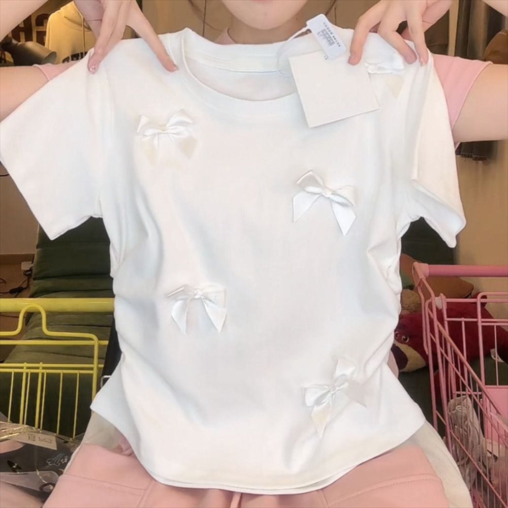 T-shirt à Manches Courtes et Col Rond pour Femme et Fille, Vêtement Élégant, de Style Japonais, Solide, avec Ruban, Crop Précieux