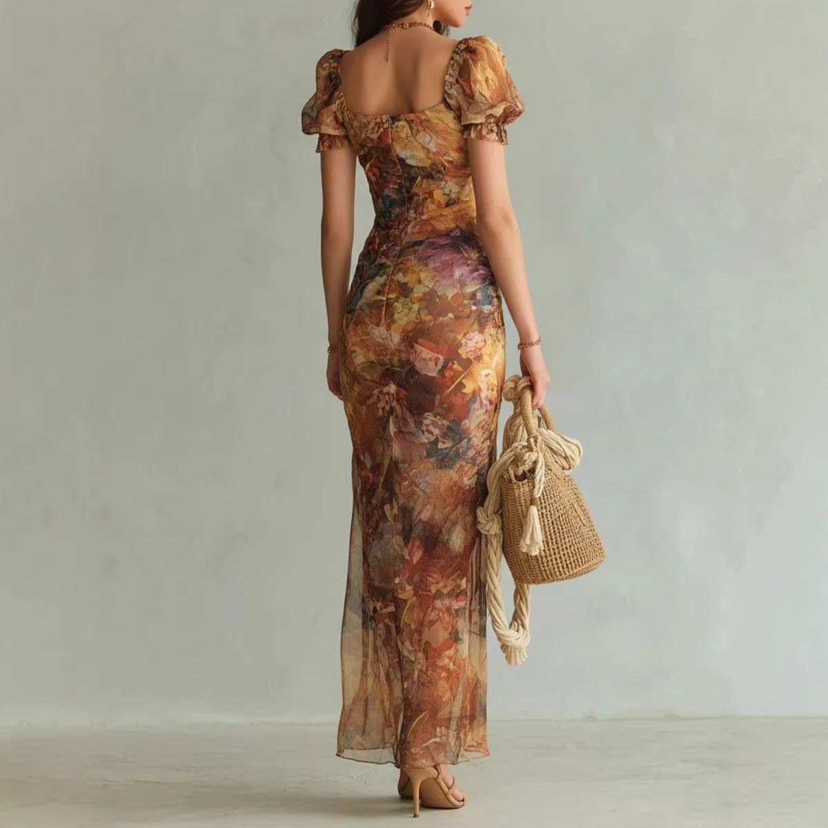 Nouvelle Robe Longue Bohème Florale Femme Sexy à Col Carré Froncée Fendue Moulante Manches Bouffantes Volants Robe de Soirée Été