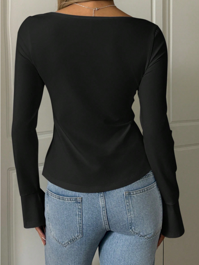 Chemises à fente pour femmes, hauts courts, mode Y2K, printemps été, vêtements de club, manches longues évasées, col en V, uni, nœud torsadé sur le devant
