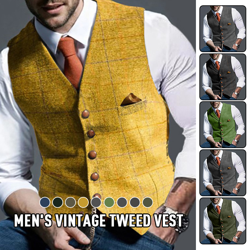 Mode hommes gilets revers Tweed Plaid col en v gilet coupe ajustée gilet affaires robe formelle costume décontracté mariage smoking mâle gilet