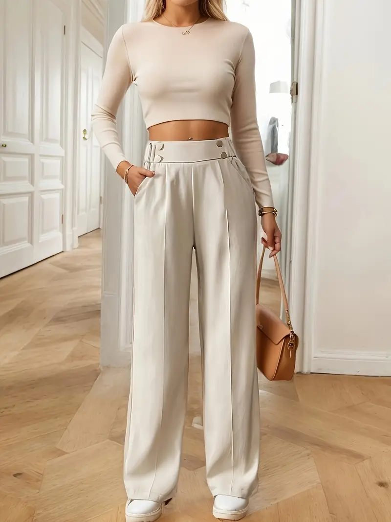 Pantalon taille haute à jambes larges pour femmes, nouveau pantalon fluide au sol, pantalon de salon minimaliste à coupe droite avec taille élastique, 2025
