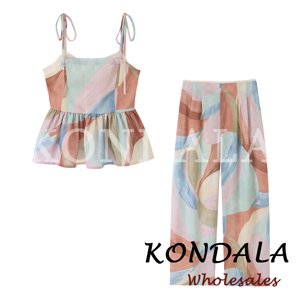 KONDALA Fashion 2026 Ensemble décontracté imprimé pour femme, idéal pour les vacances à la plage : débardeur slim et pantalon long à jambes larges, élégant pour femme
