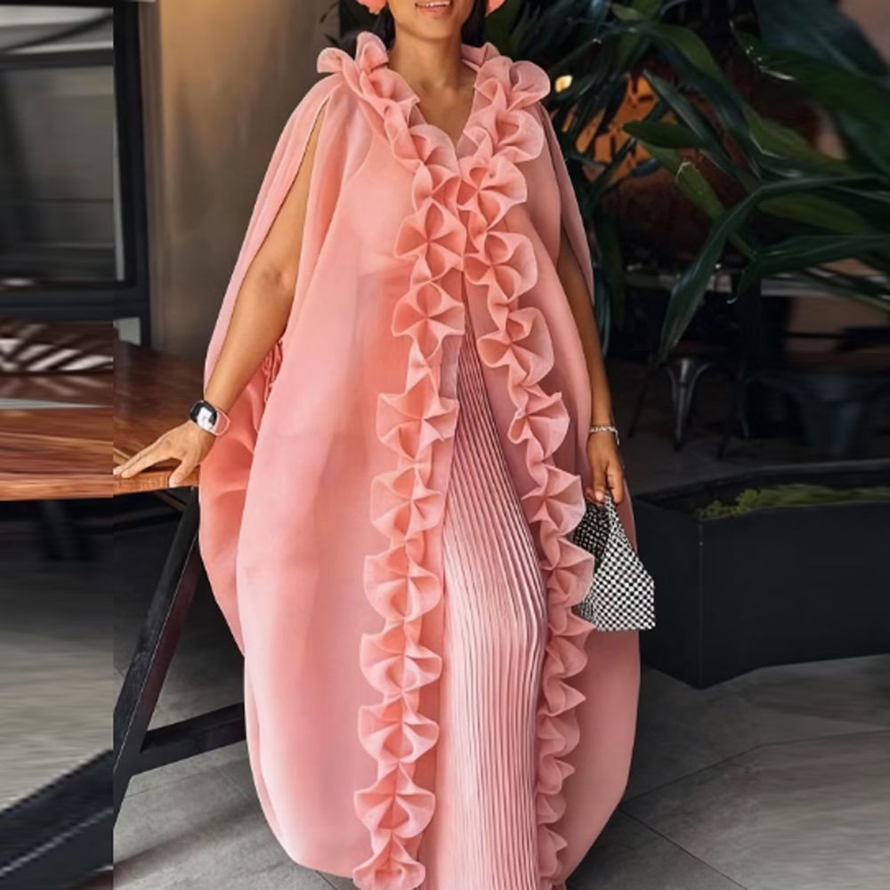 Cape longue sans manches en organza rose poudré avec volants 3D, style kaftan, pour femme, luxe, pour fête africaine, boubou, vêtement d'extérieur