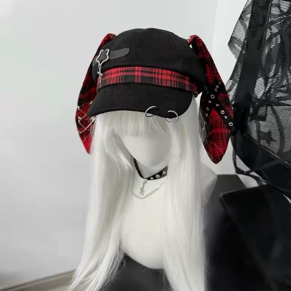 Chapeau Béret à Oreilles de Lapin Tendance, Motif Écossais, Bord Fin Irrégulier, Style Peintre Artistique, Casquette Lollita Gothique Newsboy pour Filles