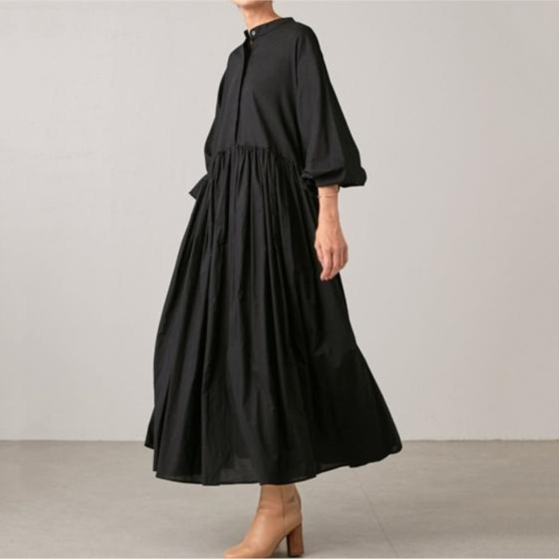Robes adt en coton et lin pour femmes, version coréenne solide, manches longues, plissé, grande balançoire, robe vintage, vêtements décontractés, automne