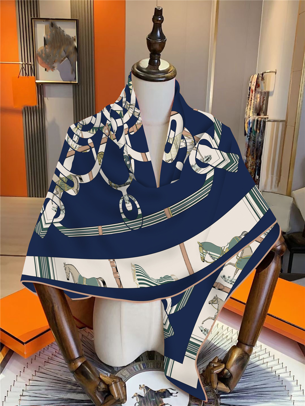 30% soie 70% cachemire écharpe femmes roulé à la main chaîne de cheval de guerre imprimer foulards carrés enveloppes Bandana grand Hijabs chaud châle écharpe