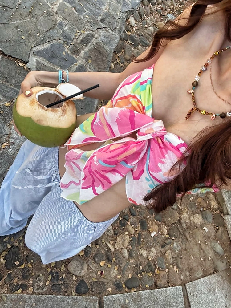 Ibber Sexy vacances débardeur femmes tendance imprimer noeud bandages froncé dos nu sans manches sauvage Hottie Beach Party Club gilet