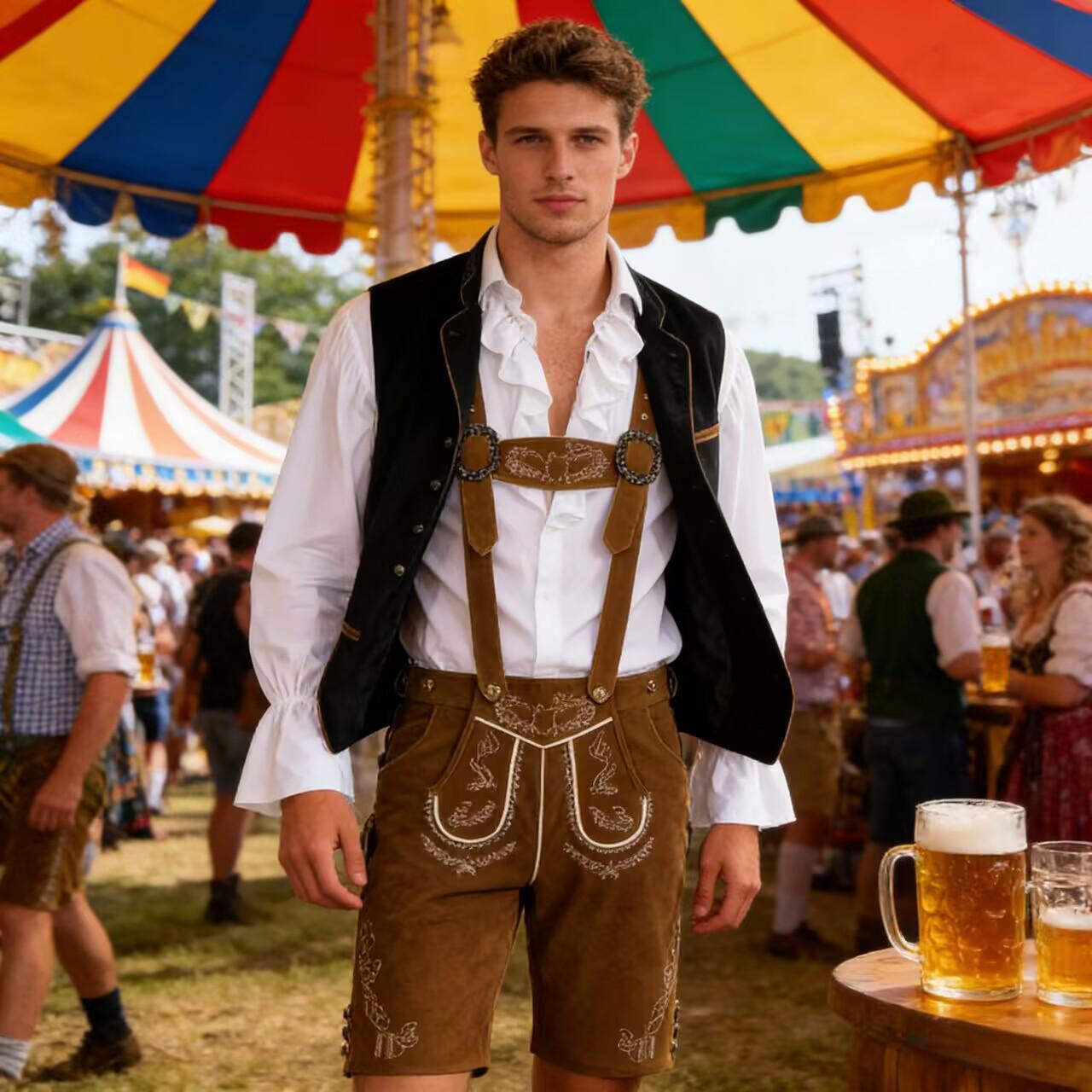 Costume de fête pour hommes, tenue de carnaval d'Oktoberfest, Lederhosen, bretelles, short, chemise, gilet, costume de fête bavarois allemand, cosplay, Halloween