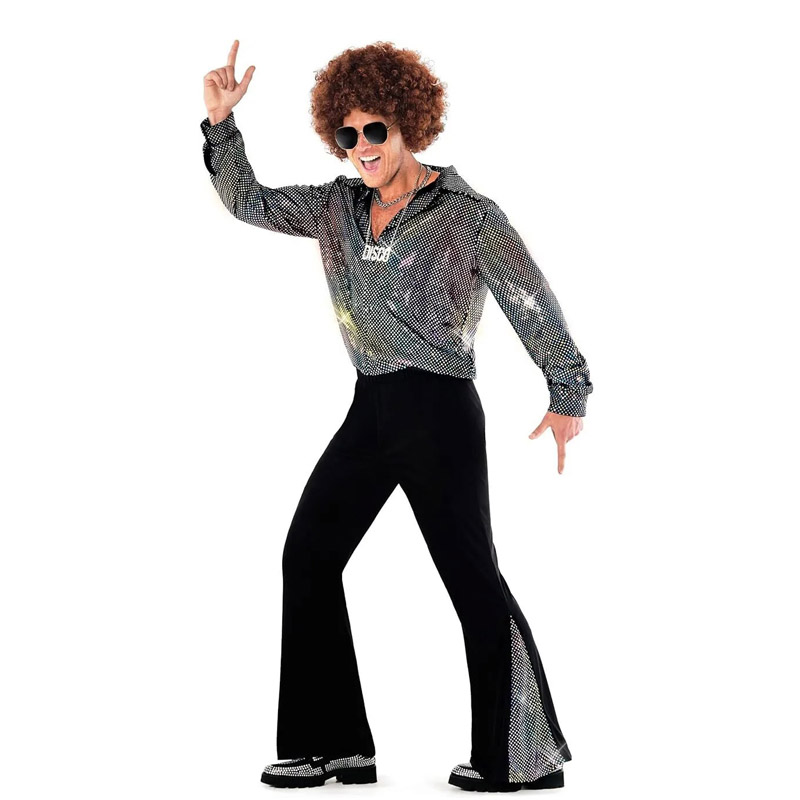 Costume d'halloween Hippie des années 60 et 70, pantalon à paillettes, chemise, hauts, bas de cloche, pantalon évasé pour hommes, tenue brillante de danse Disco pour chanteur