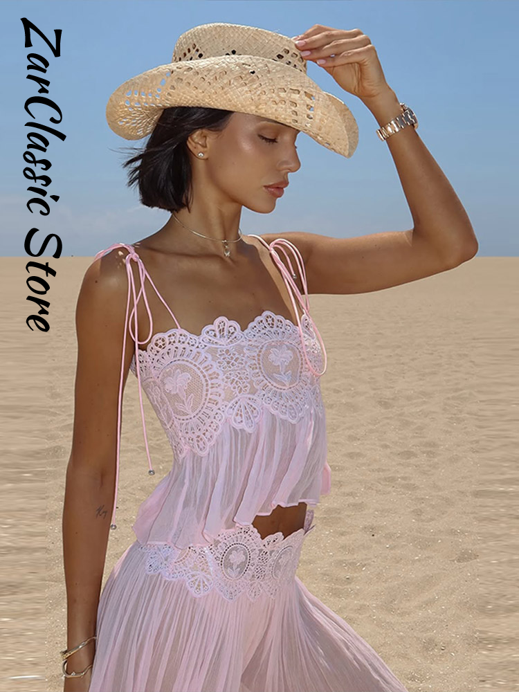 Ensemble femme en dentelle rose plage, débardeur transparent à bretelles et pantalon plissé à jambes larges, tenue décontractée pour les vacances, nouvelle collection
