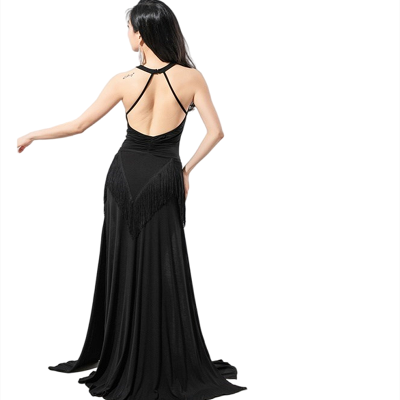 Vêtements de danse arabes Sexy pour femmes, une pièce élégante, robe longue en Modal, fente latérale, vêtements de spectacle de danseuse avec frange, écharpe de hanche