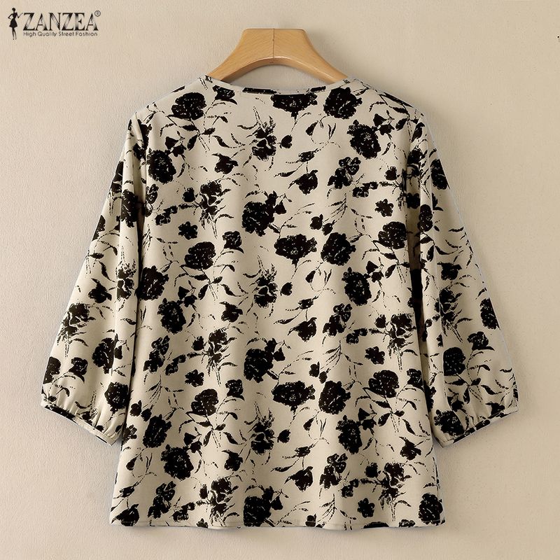 ZANZEA Chemisier Bohème à Imprimé Floral pour Femmes, Automne, Vintage, Manches 3/4, Col à Lacets, Chemise Ample, Décontractée, pour le Bureau, Tunique Mujer
