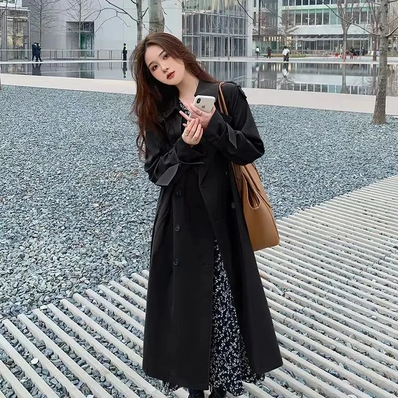 Manteau mi-long pour femme, coupe-vent noir, streetwear décontracté, double boutonnage, mode coréenne, élégant, ingent, At Tralike