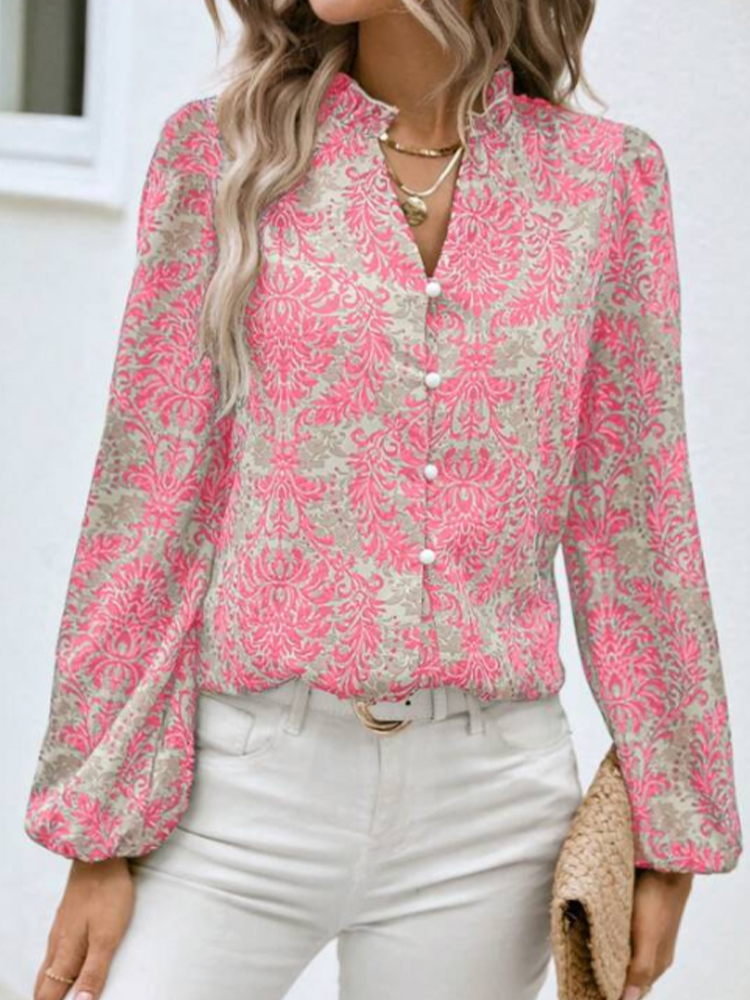 Chemise à manches longues pour femmes, col en v, manches lanternes plissées ornées, imprimé complet, boutonné, pour l'été et l'automne