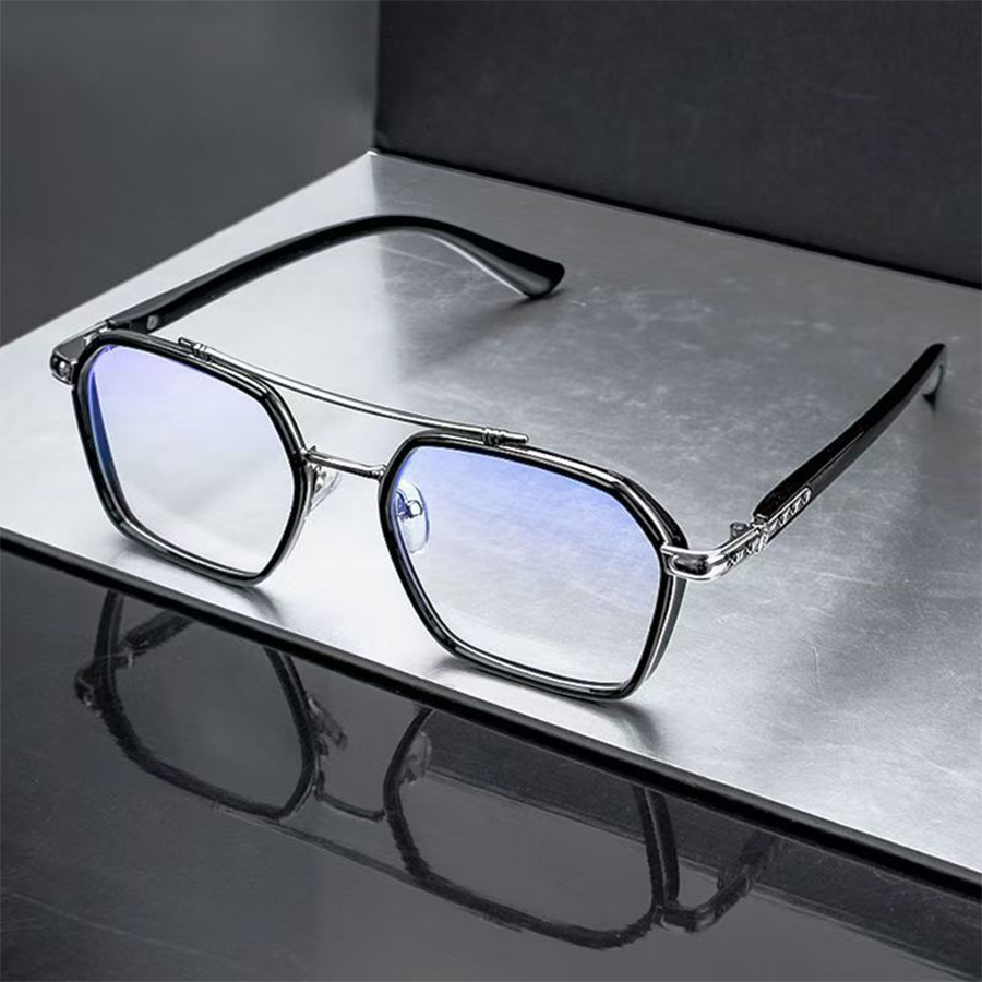 Lunettes de vue rétro pour hommes à verres plats, monture large haut de gamme amincissante à double pont - Lunettes sans ordonnance