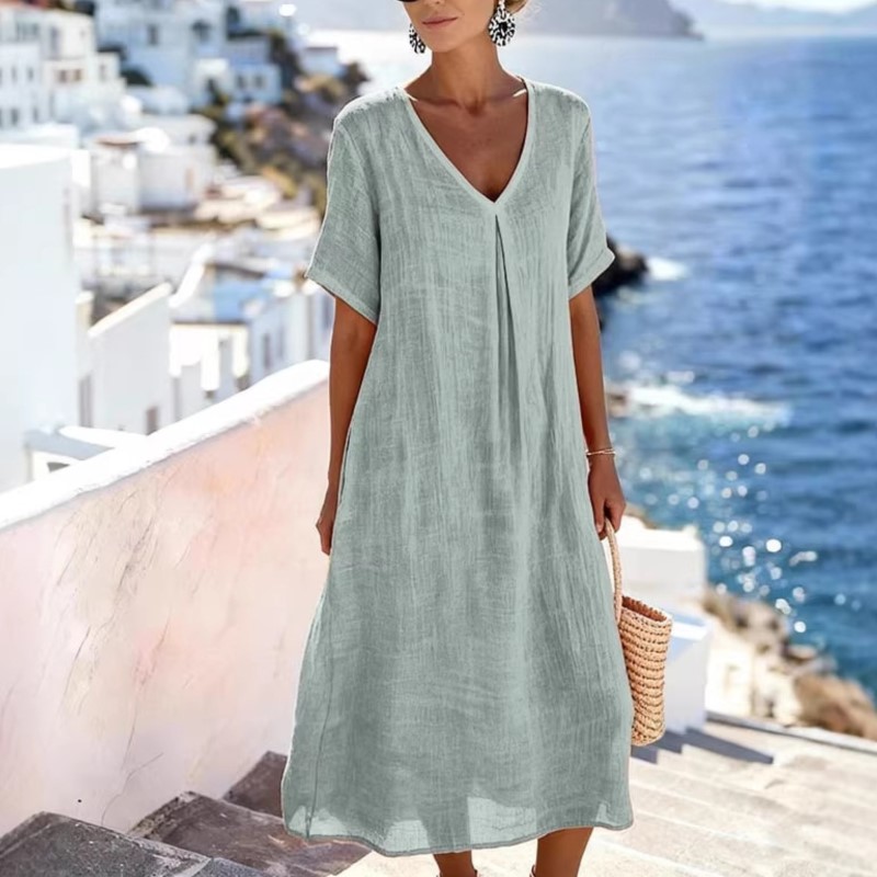 Robe vintage pour femmes, décontractée, printemps et été, jupe longue ample, manches courtes, col en v, robes unies en coton et lin pour femmes