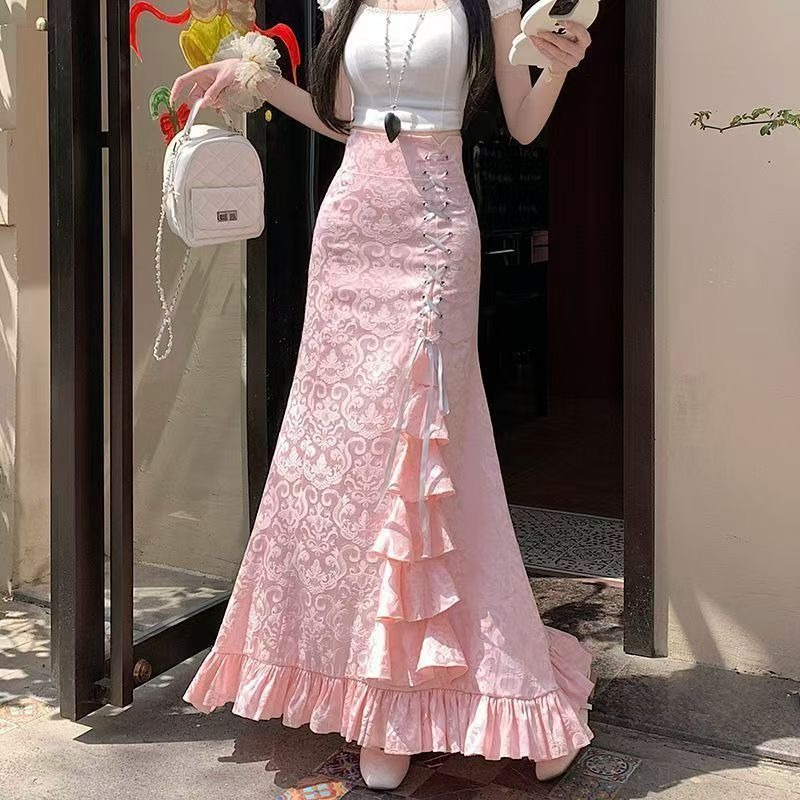Femmes jupe Midi printemps été coupe ajustée taille haute jupe longue Vintage à lacets volants rose gothique mode coréenne jupe vêtements