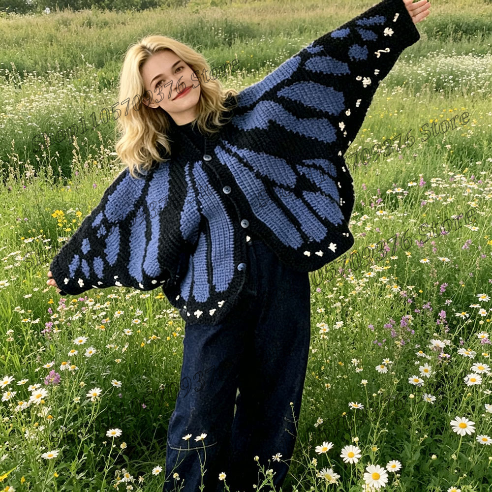 Nouveau cardigan en tricot papillon 2026 – Pull doux, respirant et chaud avec motif ailes de papillon – Pull au crochet confortable et douillet