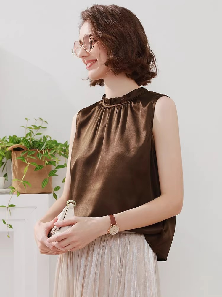 SuyaDream. Débardeur Chic en soie pour femmes, col montant, sans manches, gilets solides, soie véritable 93%, t-shirt d'été solide 2025,