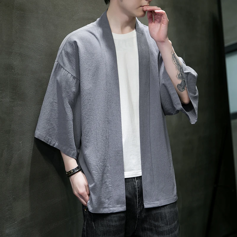 Vestes kimono pour hommes, cardigan léger et décontracté, mélange de coton, lin, sept manches, manteau ouvert sur le devant, vêtements d'extérieur