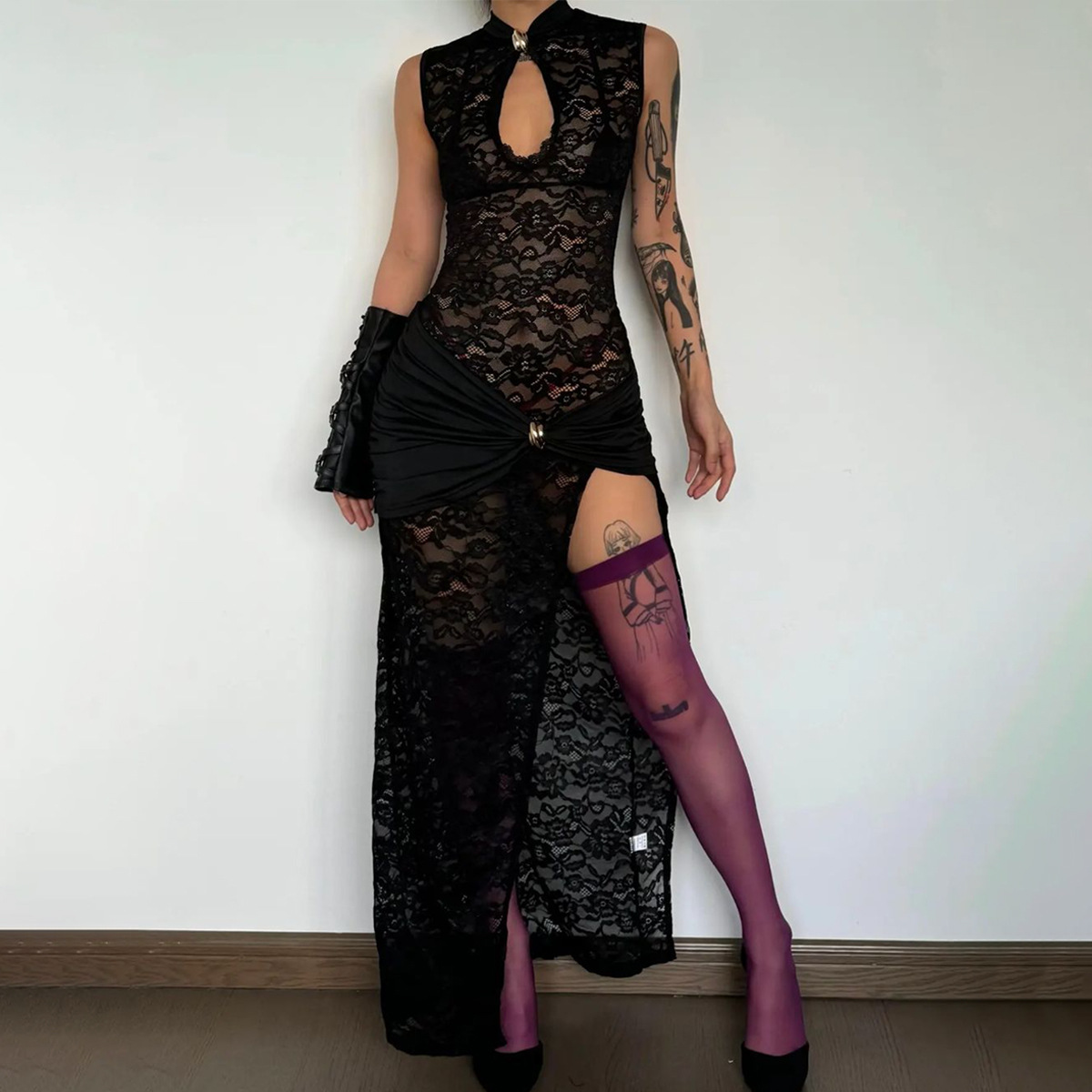 Robe longue élégante en dentelle noire transparente pour femme, froncée, à fente haute, style maxi, pour soirée, club, cocktail, été, bordeaux, blanc