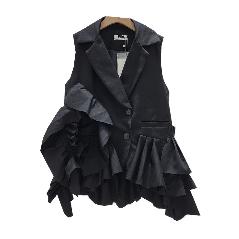Gilet asymétrique à volants pour femme, col rabattu, simple boutonnage, sans manches, veste d'été pour le bureau, collection 2026