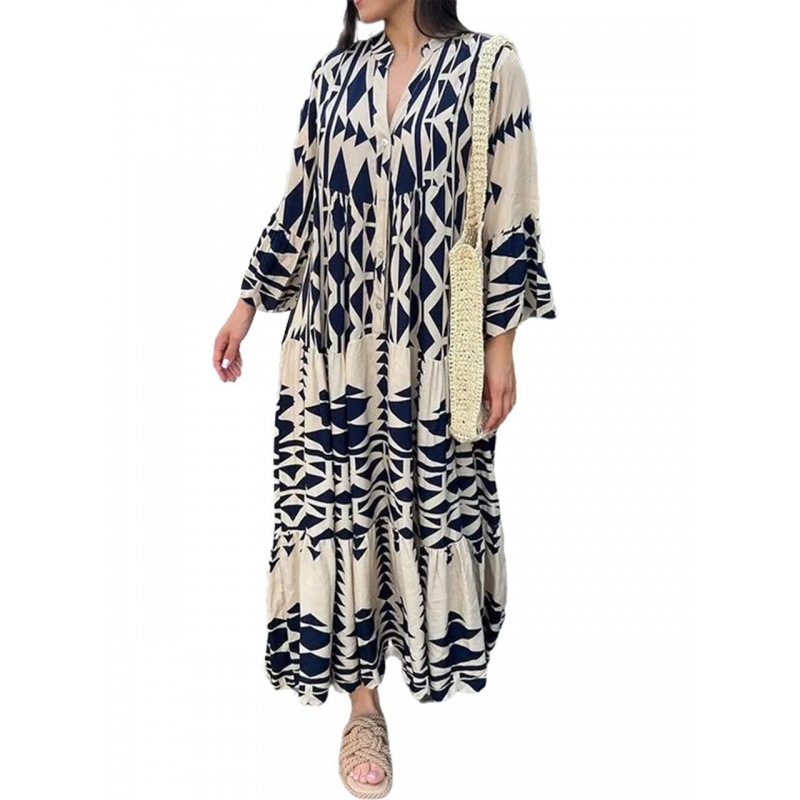Robe longue plissée à manches longues pour femmes, imprimé Boho, mode dames, Vintage, Boho, plage, Maxi, été, 2024