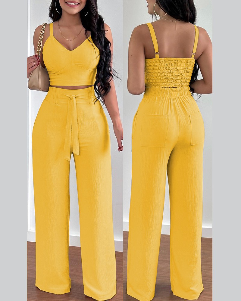 Tenue 2 pièces pour femmes, Sexy, col en v, bretelles froncées, Slim, haut court et pantalon à jambes larges, à lacets, costume de bureau élégant, 2025