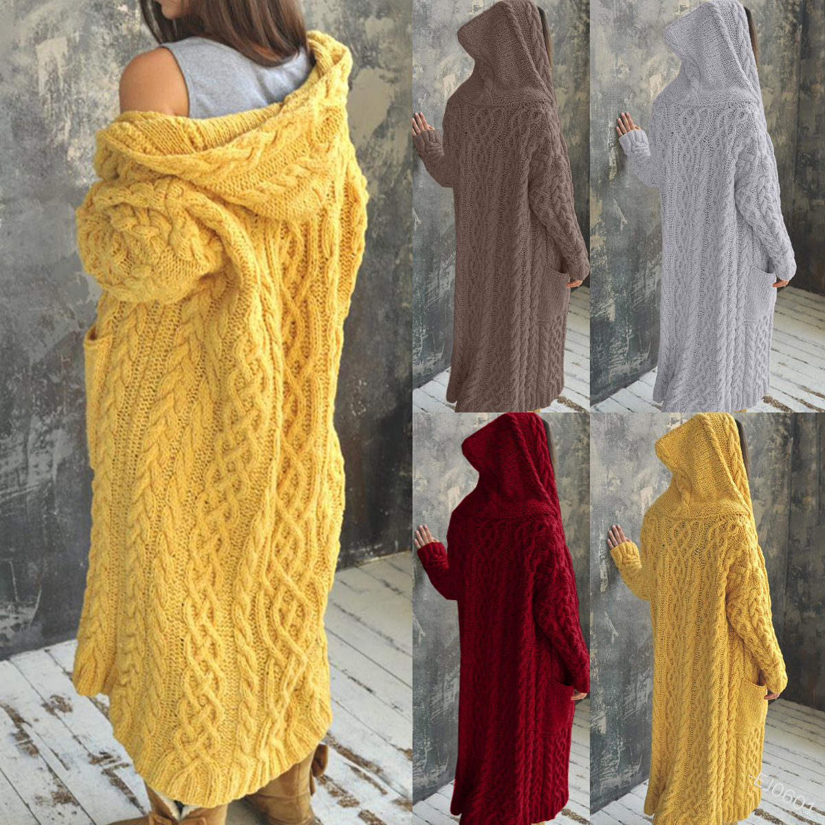 Cardigan à Capuche Tressé et Long pour Femme, Chandail à la Mode, HHX2003, Nouvelle Collection 2023