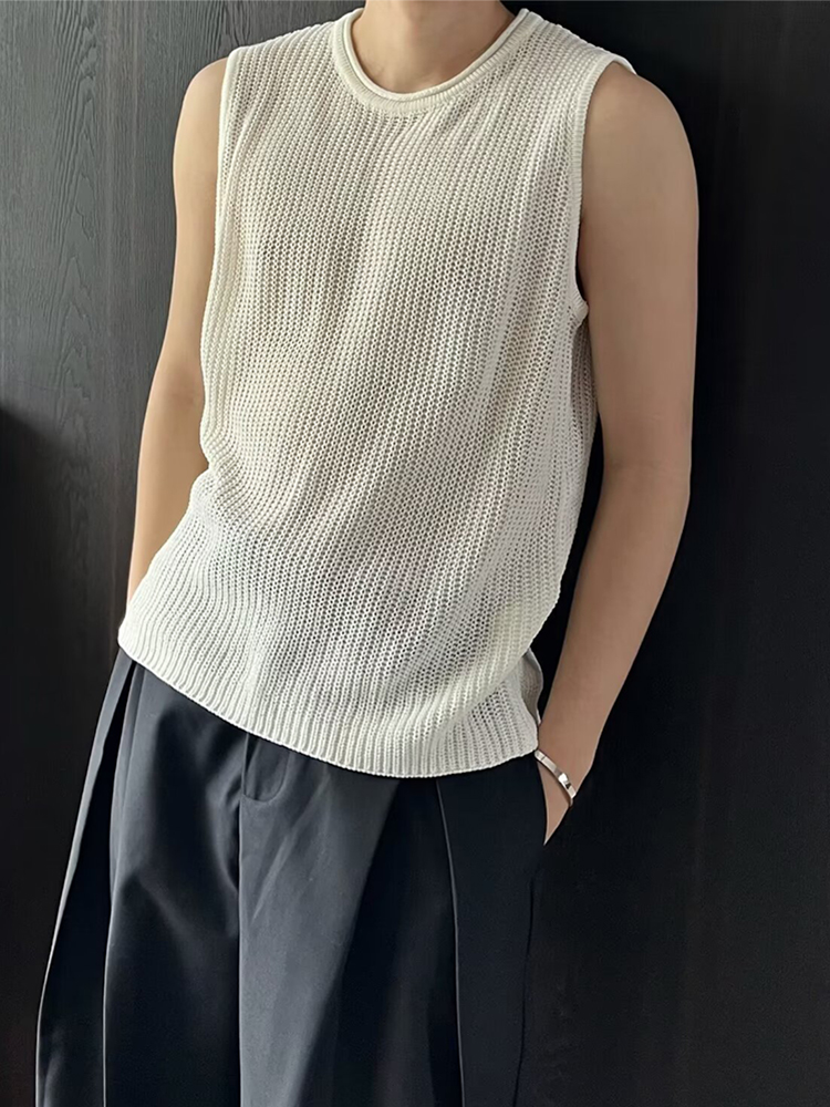 Débardeurs d'été décontractés pour hommes, style plage, ajourés, couleur unie, tricotés, col rond, élégants