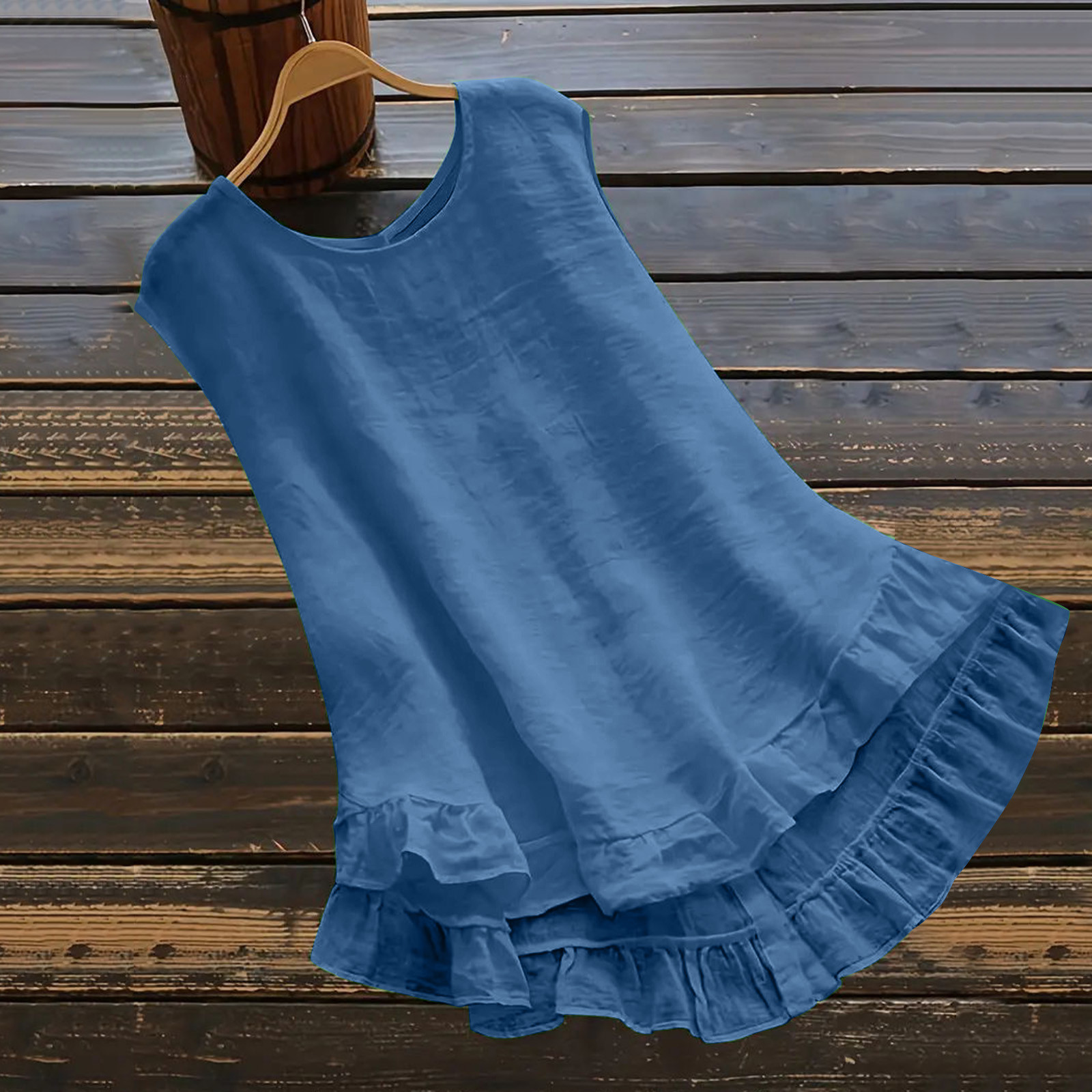 Femmes coton lin débardeur solide col rond sans manches dos Blouse élégant col rond à volants garniture haut Blusas Elegante Feminina