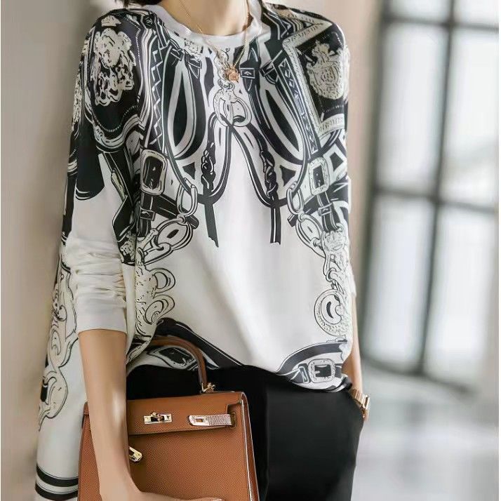 Chemise en mousseline de soie imprimée pour femme, manches chauve-souris, effet drapé, injTop simulé, satin At rétro, marque