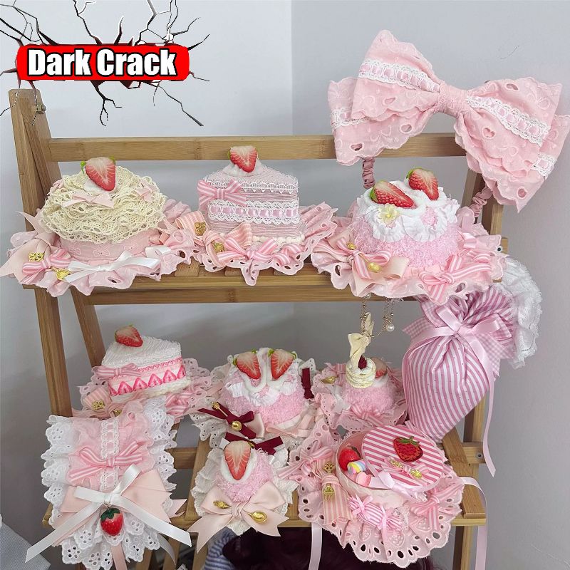 Chapeau Bonnet Gâteau aux Fraises Lolita Fait Main, Épingle à Cheveux, Coiffe en Dentelle Rose, Bandeau Harajuku Y2K Kawaii, Accessoires pour Cheveux