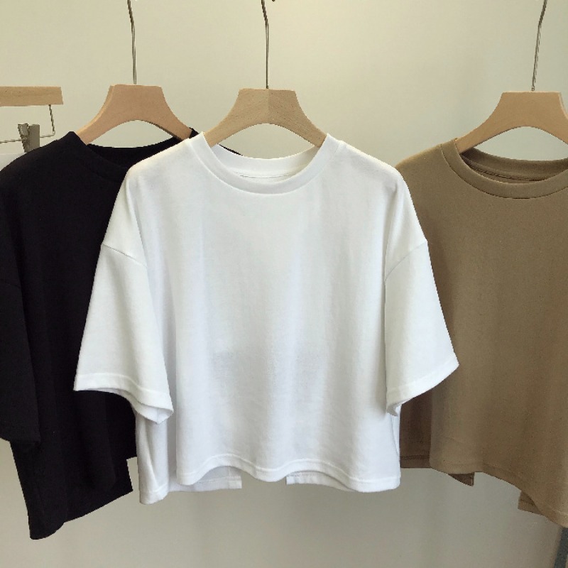 T-shirt femme style coréen, printemps-été, dos nu, coupe ample et courte, col rond, manches courtes, haut pour étudiante.