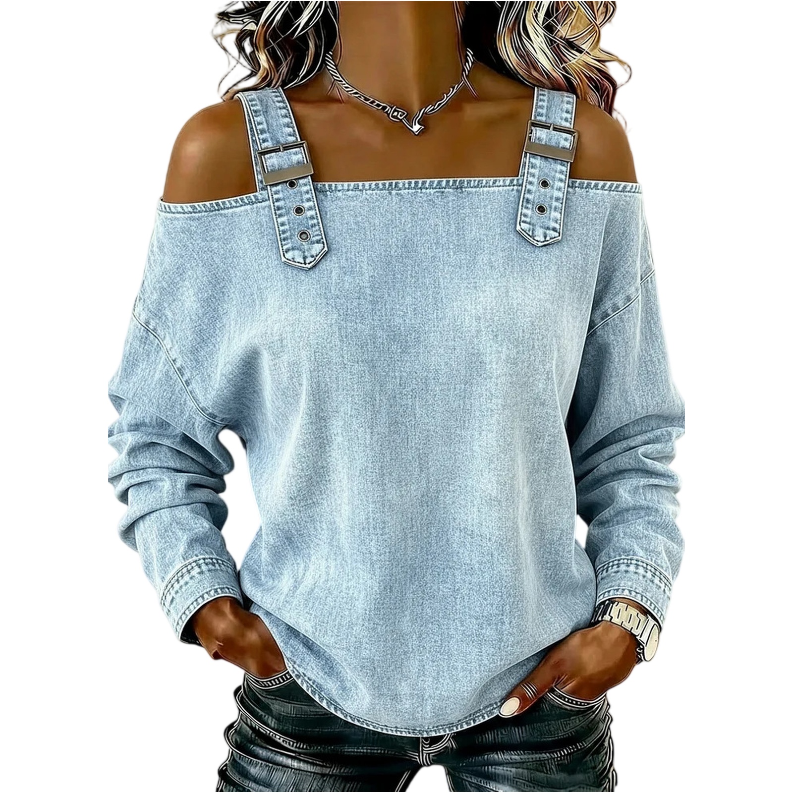 Haut en jean pour femme, haut élégant à épaules dénudées et manches longues avec bretelles, chemise en jean élégante et polyvalente, Streetwear