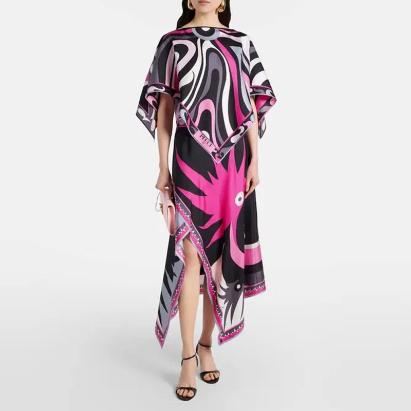 Ensemble élégant pour femme : haut imprimé à col rond et manches cape, jupe longue fluide taille haute – Idéal pour la plage, les vacances et les soirées estivales