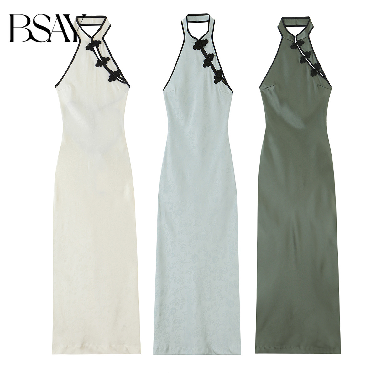 BSAY 2026 Robe Qipao mi-longue style chinois à col halter, boutons grenouille, jacquard, sans manches, moulante, élégante, pour femmes, idéale pour les soirées.