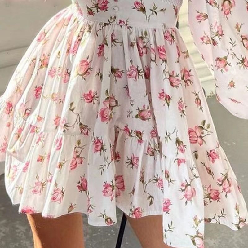 Femmes imprimé fleuri Mini robe taille haute a-ligne été automne à manches longues col en V robes Vintage plage vacances robes décontractées