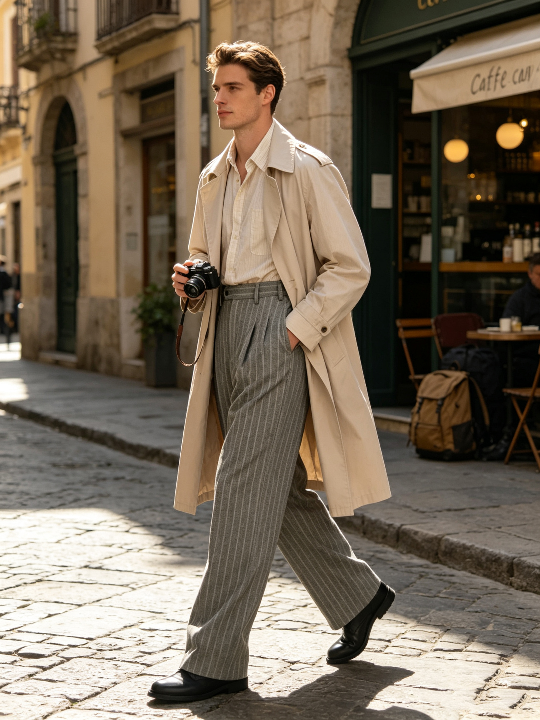 Pantalon de ville rayé pour homme, style Old Money, coupe large, ample, plissé, décontracté, à fines rayures, taille élastique, vintage