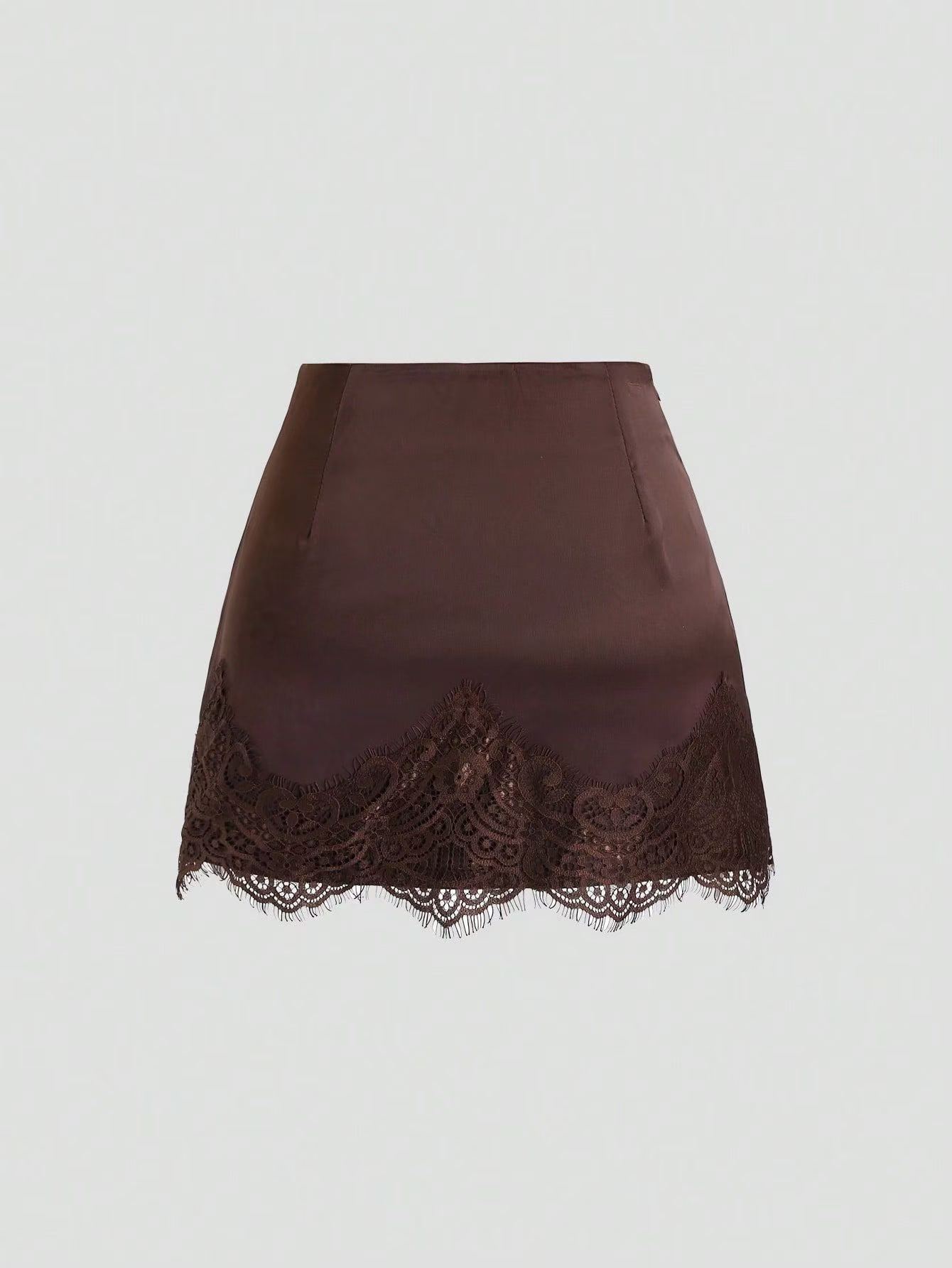 Mini-jupe en satin pour femmes, taille haute, couleur unie, ourlet en dentelle, coupe trapèze, jupe courte, élégante, pour soirées, clubs et tenues décontractées.