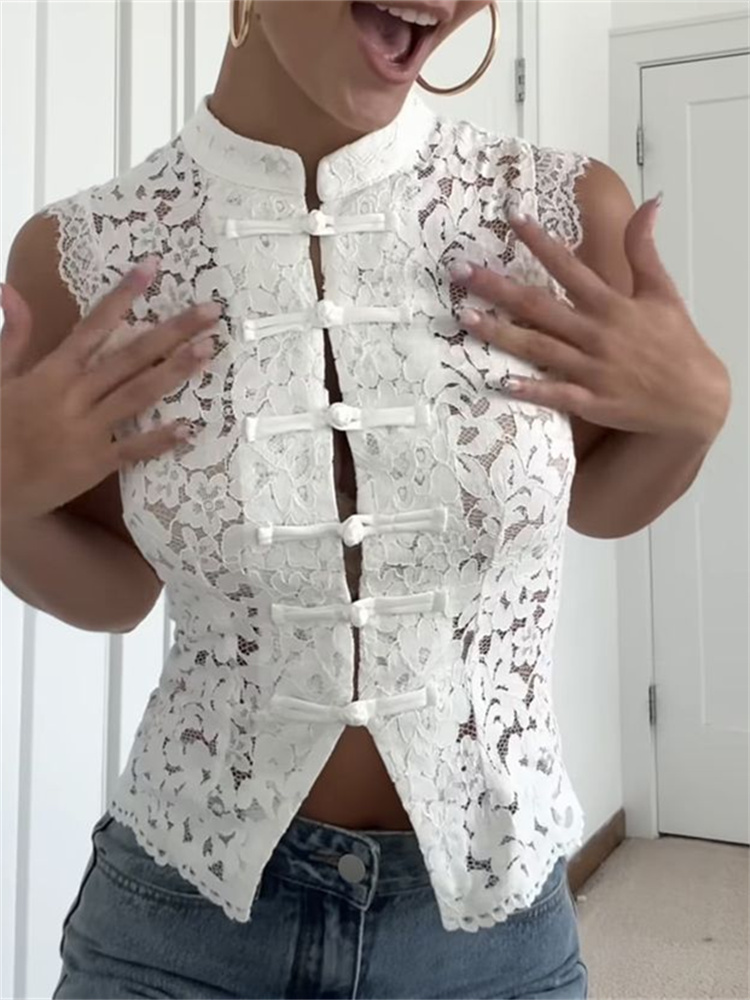 Gilet en dentelle sans manches sexy Y2K pour femmes, élégant, col haut, épaules dénudées, transparent, boutonné, hauts fins, veste de vacances pour femmes, veste de rue