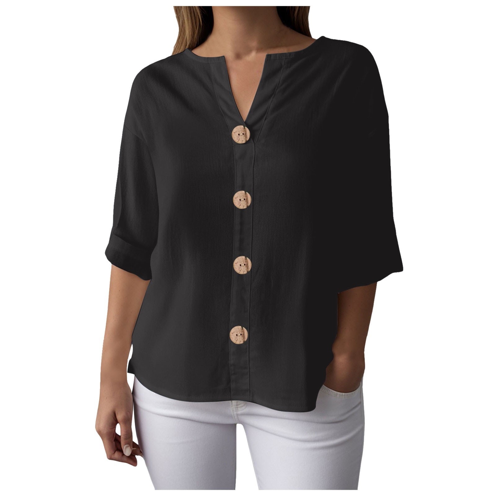 Chemisier en mousseline pour femme, chemisier d'été en coton et lin, chemise longue élégante unie, t-shirt pour adolescentes, chemisiers et blouses à manches 3/4 pour femme