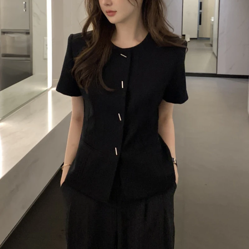 Manteau élégant de Style français pour femmes, Vintage, haut de gamme, col rond, assorti avec tout, amincissant, manches courtes, été
